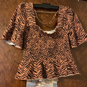Tiger Print Peplum Puff Sleeve Top